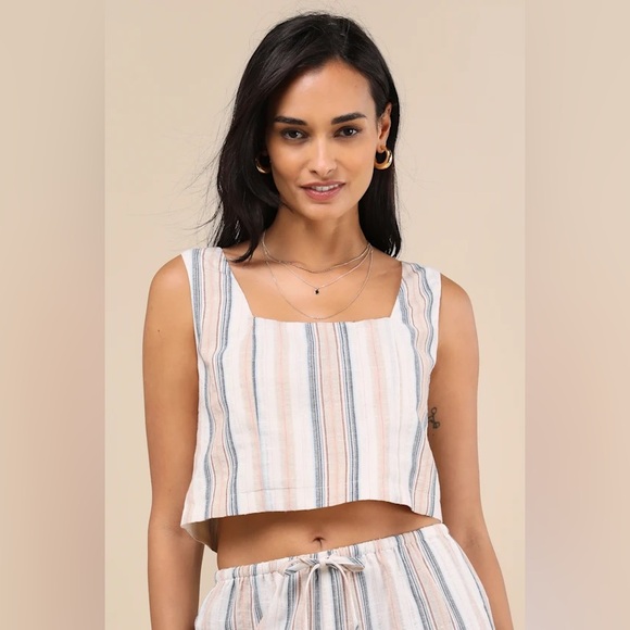 Lulus Tops - Lulus White Multi Striped Cropped Tank Top - Size Large